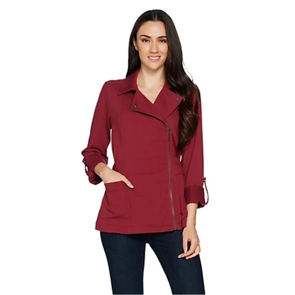 H by Halston Jackets & Blazers - Halston French Terry Anorak Jacket Moto Zip Cabernet roll up snap sleeves